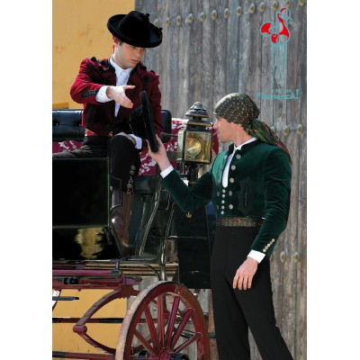 Chaqueta paseo goyesca terciopelo burdeos y calzona con caereles negra elástica