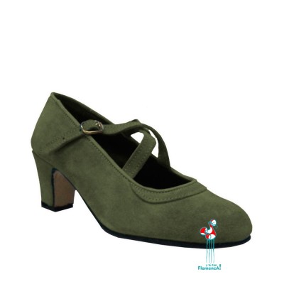 Zapato flamenca verde militar con dos correas cruzadas en piel