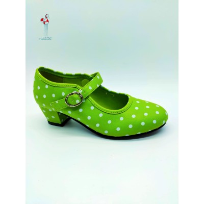 Zapato de flamenco de niña polipiel verde pistacho con lunares blancos