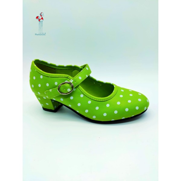 Zapato de flamenco de niña polipiel verde pistacho con lunares blancos