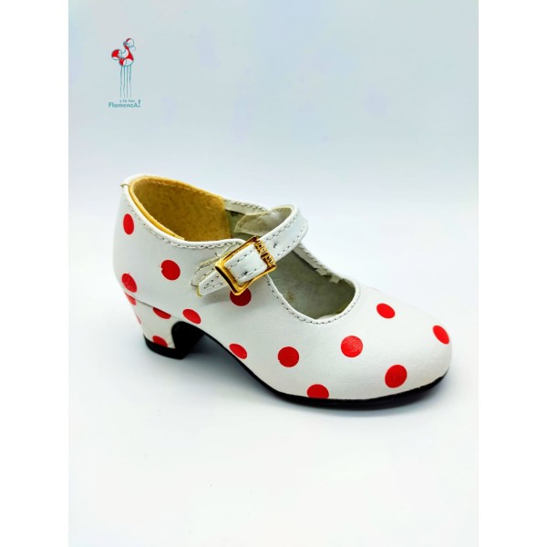 Zapato de flamenco de niña polipiel blanco lunar rojo SOLO TALLA 21
