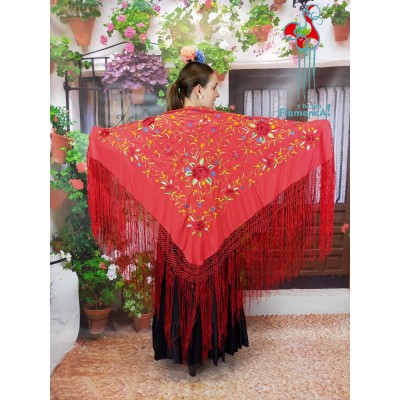 Mantón de manila rojo estampado con flores