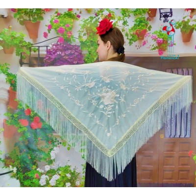 Mantón de flamenca blanco bordado