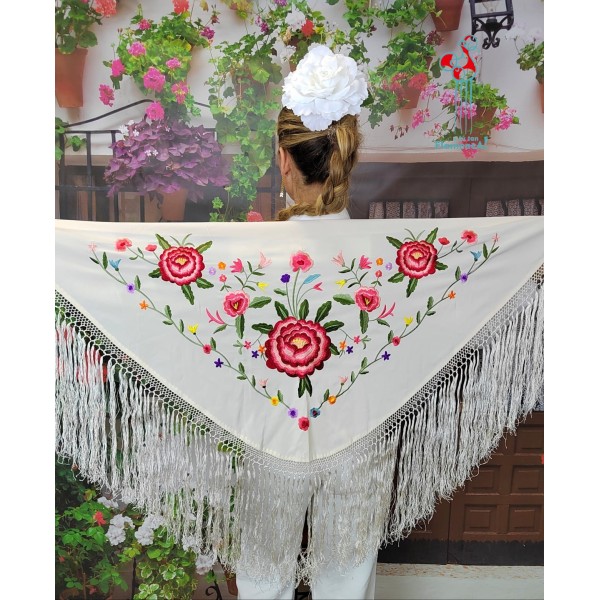 Mantón de flamenca blanco roto bordado