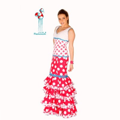 Trajes  de flamenca baratos  Outlet. Modelo  Carmen con detalles azules talla 40