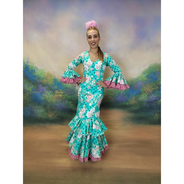 Traje de flamenca Aqua talla 42 estampado con volantes